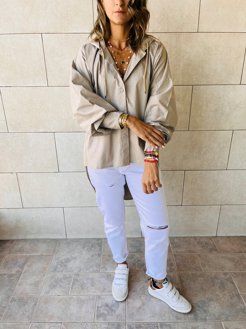 Beige High Low Hooded Shirt