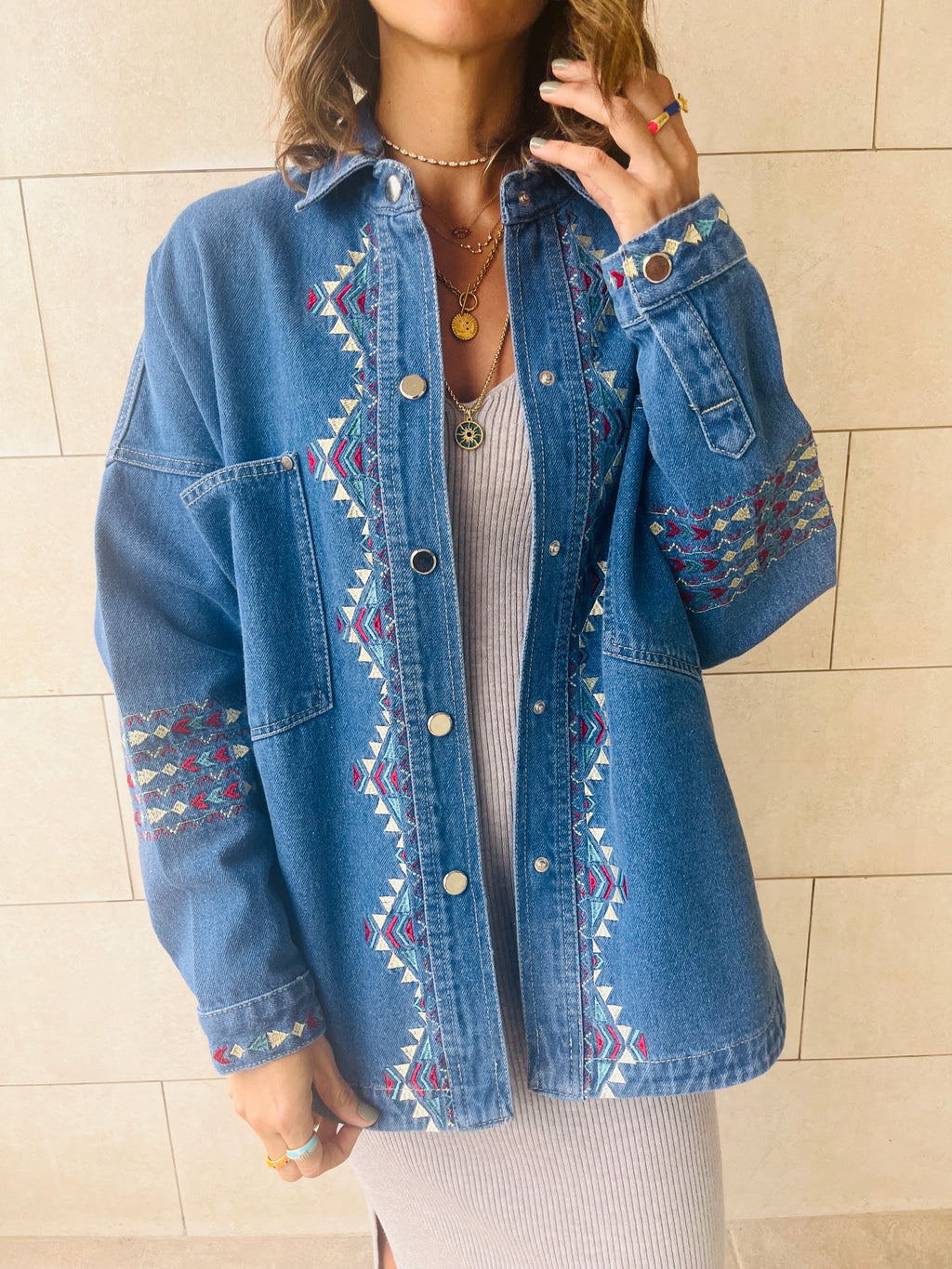 Blue Embroidered Denim Jacket