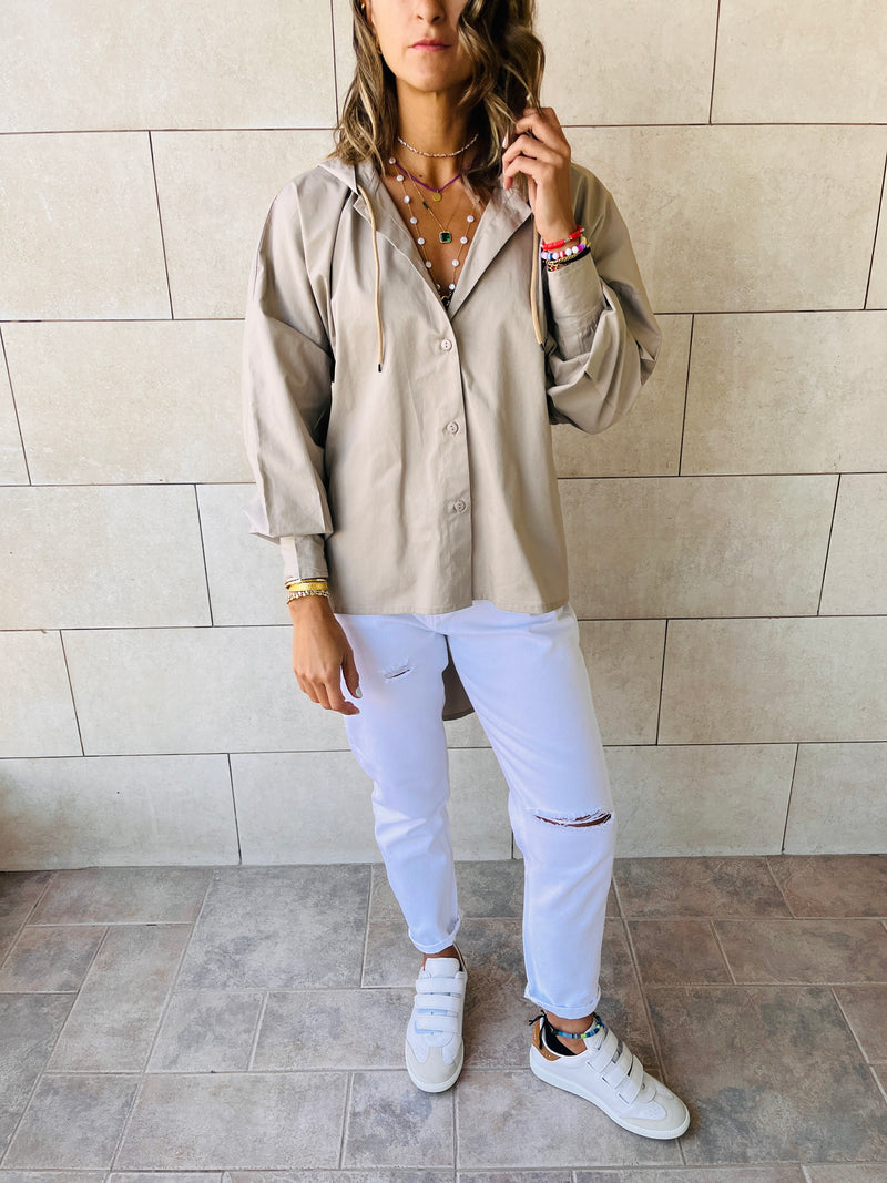Beige High Low Hooded Shirt