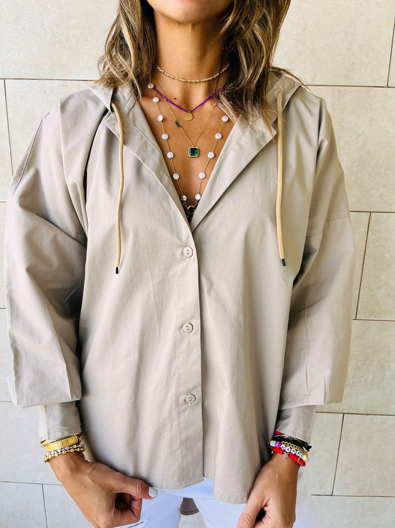 Beige High Low Hooded Shirt