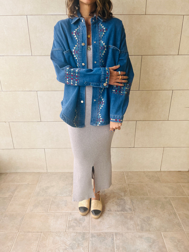 Blue Embroidered Denim Jacket