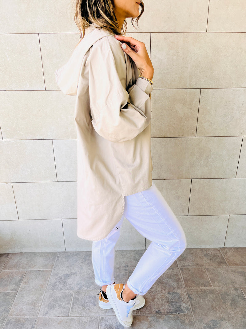 Beige High Low Hooded Shirt