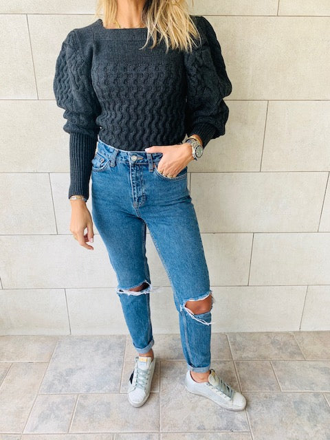 Black Puffed Braid Pullover