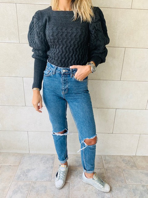 Black Puffed Braid Pullover