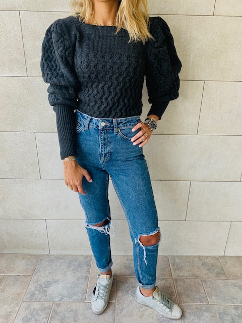 Black Puffed Braid Pullover