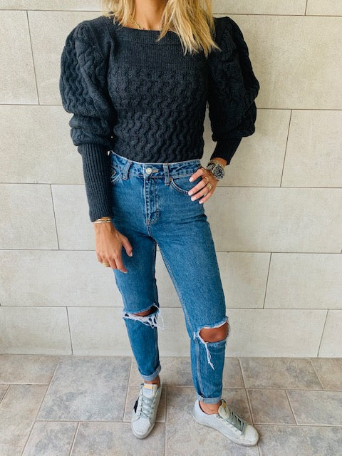 Black Puffed Braid Pullover