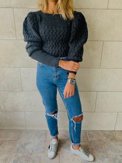 Black Puffed Braid Pullover