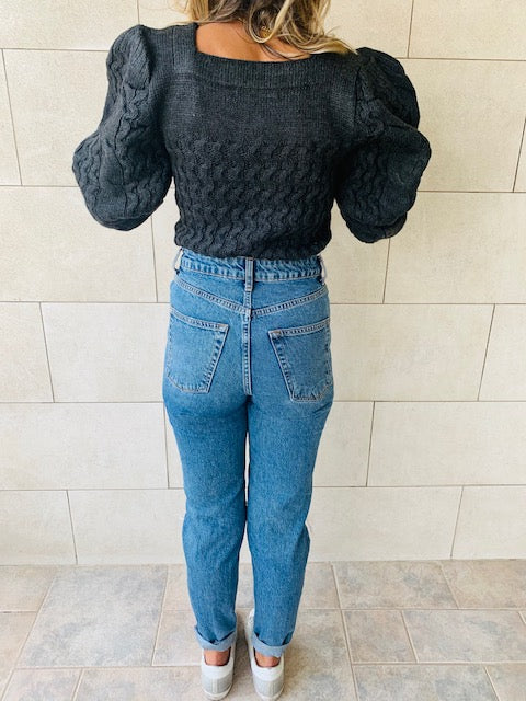 Black Puffed Braid Pullover