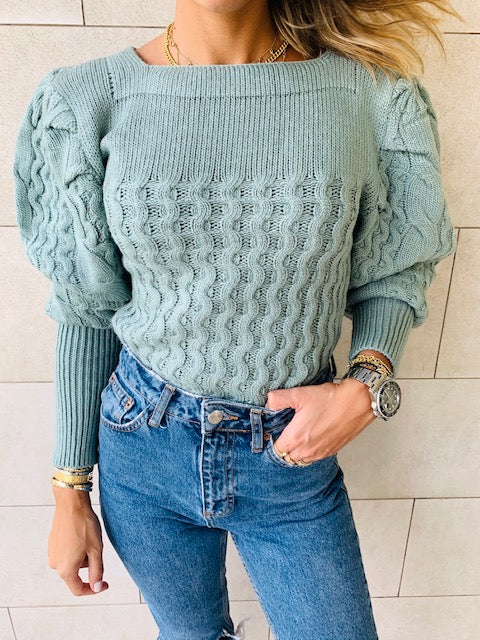 Mint Puffed Braid Pullover