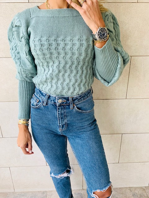 Mint Puffed Braid Pullover