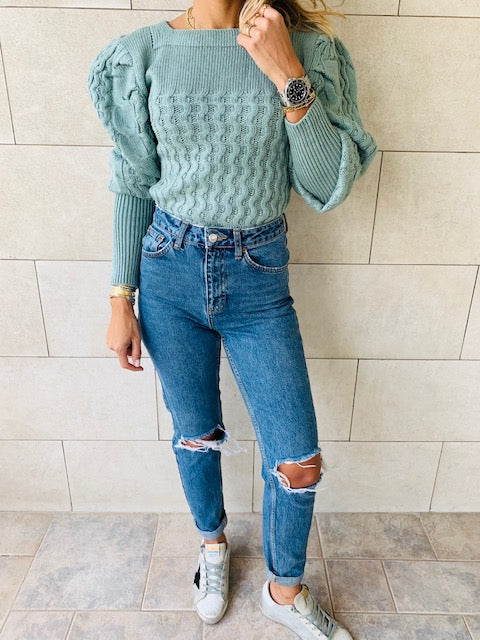 Mint Puffed Braid Pullover