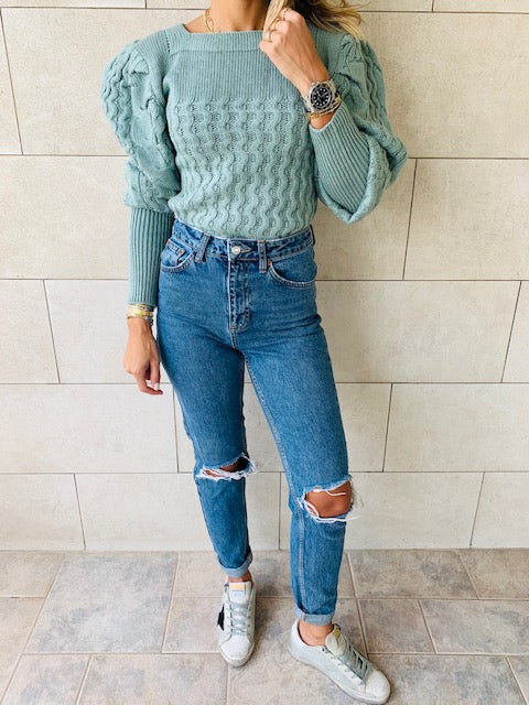 Mint Puffed Braid Pullover