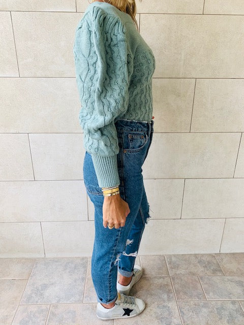 Mint Puffed Braid Pullover