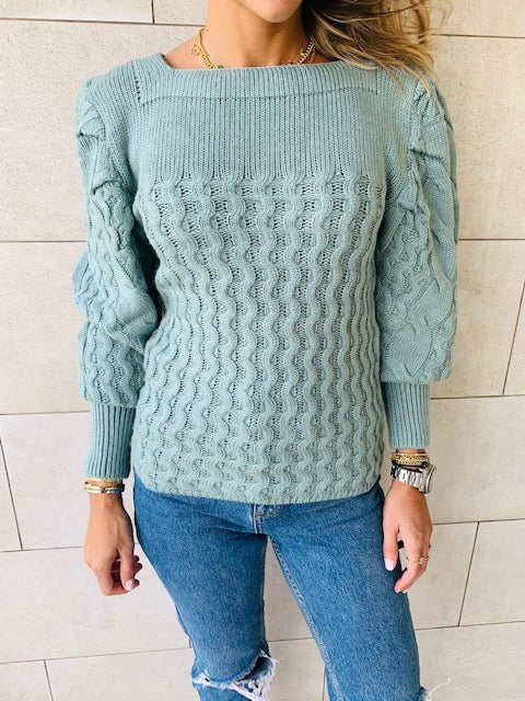 Mint Puffed Braid Pullover