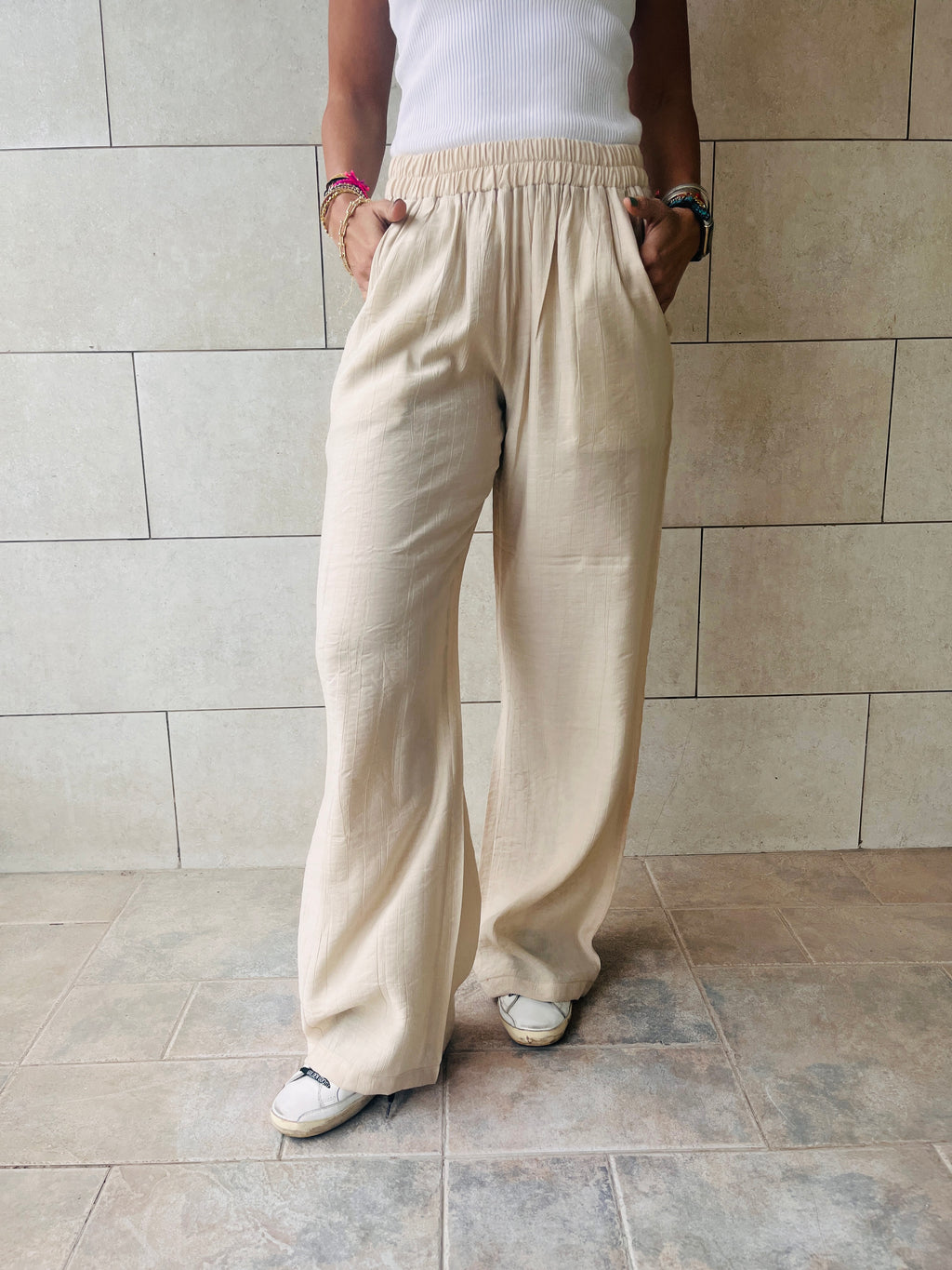 Beige Crinkle Pants