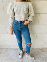 Beige Puffed Braid Pullover