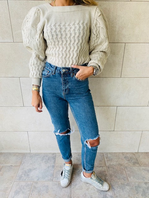 Beige Puffed Braid Pullover