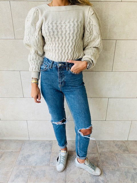 Beige Puffed Braid Pullover