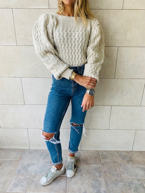 Beige Puffed Braid Pullover