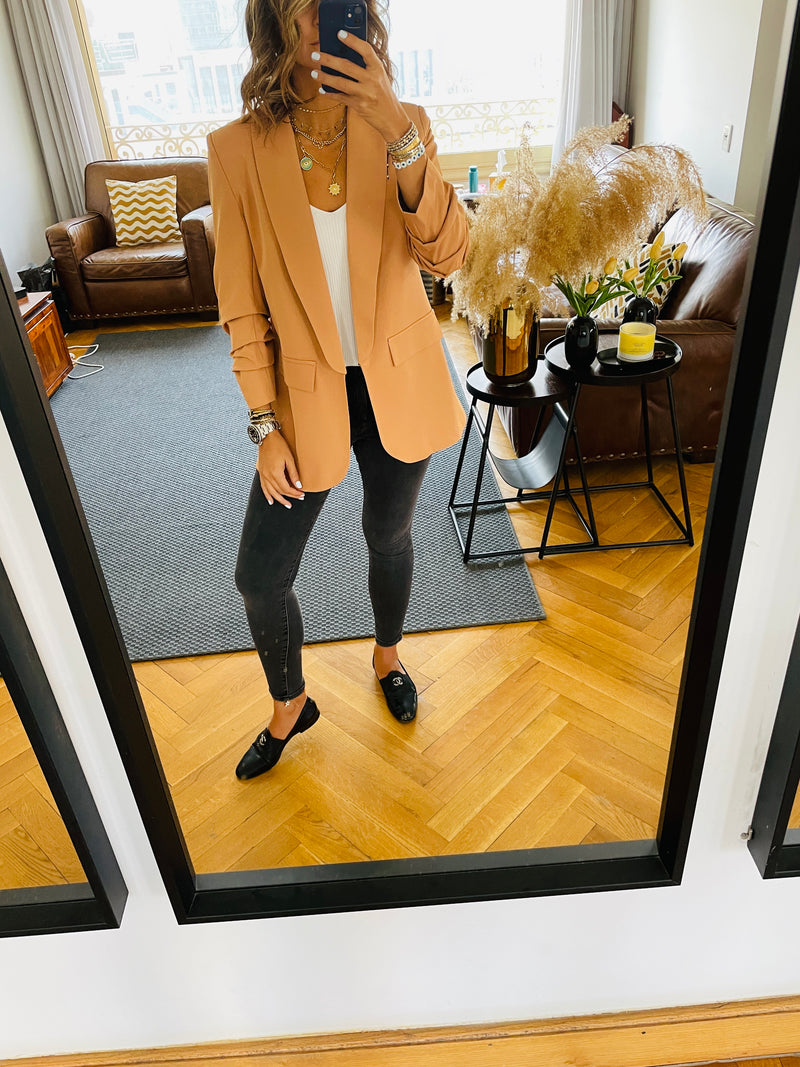 Camel Ruched Sleeve Blazer
