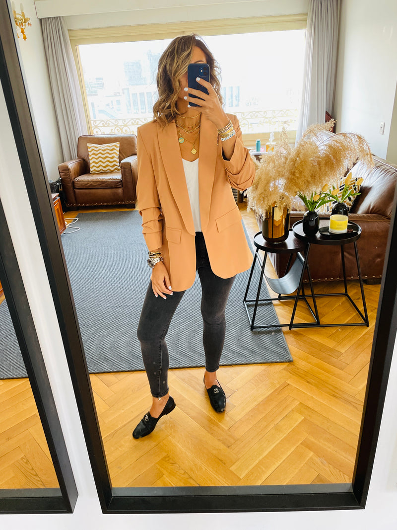 Camel Ruched Sleeve Blazer