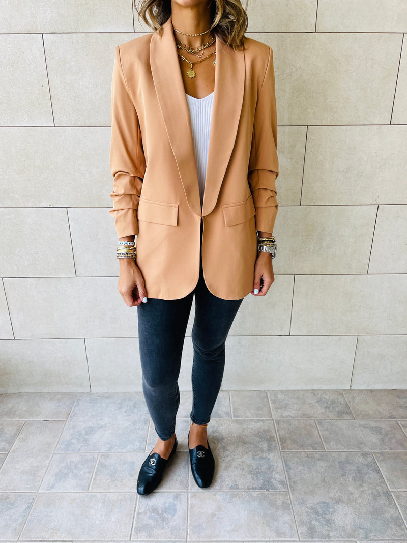 Camel Ruched Sleeve Blazer
