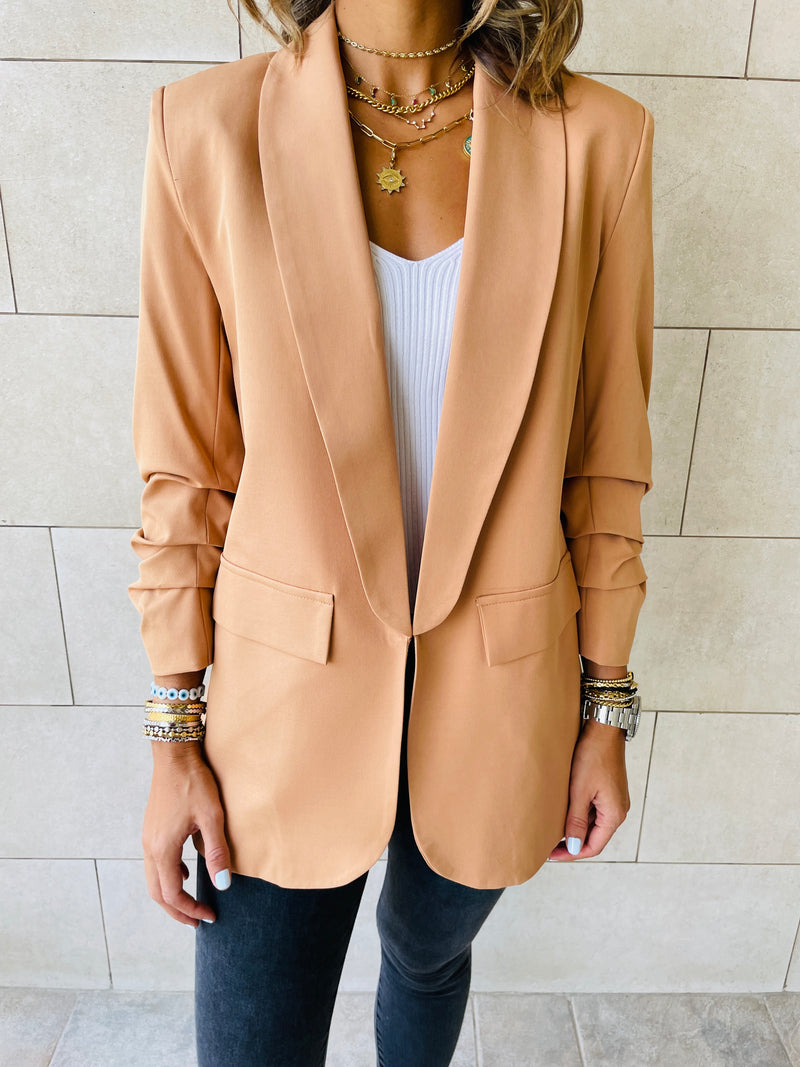 Camel Ruched Sleeve Blazer