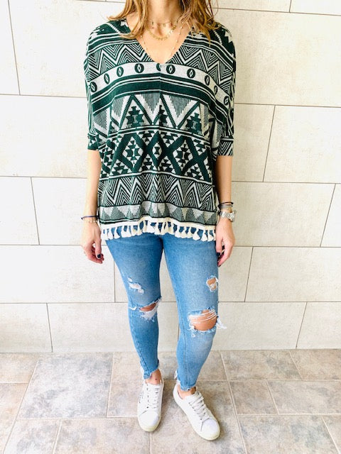 Green Aztec Knit Poncho