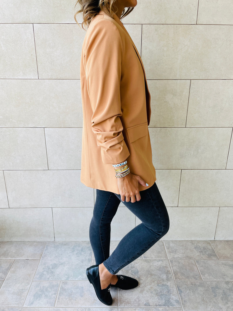 Camel Ruched Sleeve Blazer
