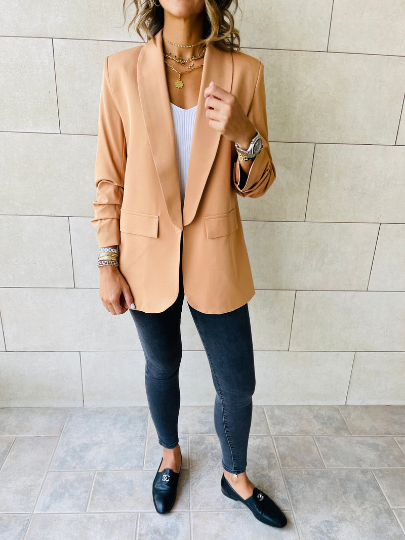 Camel Ruched Sleeve Blazer