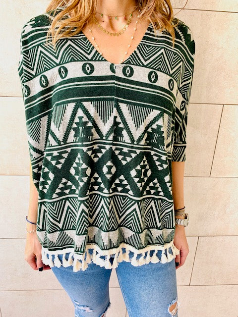 Green Aztec Knit Poncho