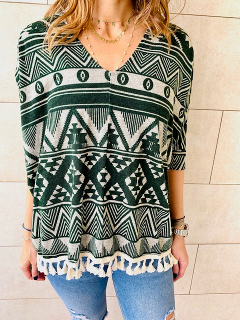 Green Aztec Knit Poncho