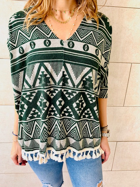 Green Aztec Knit Poncho