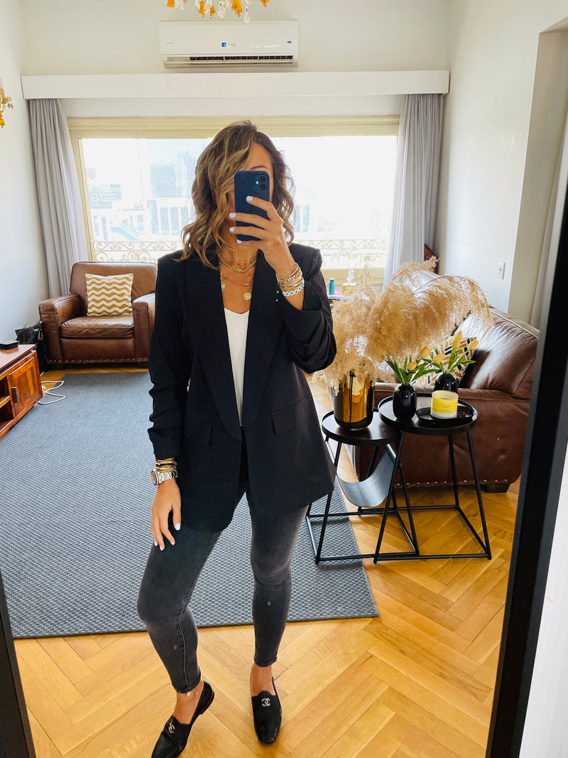 Black Ruched Sleeve Blazer