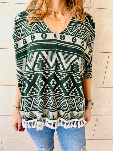 Green Aztec Knit Poncho