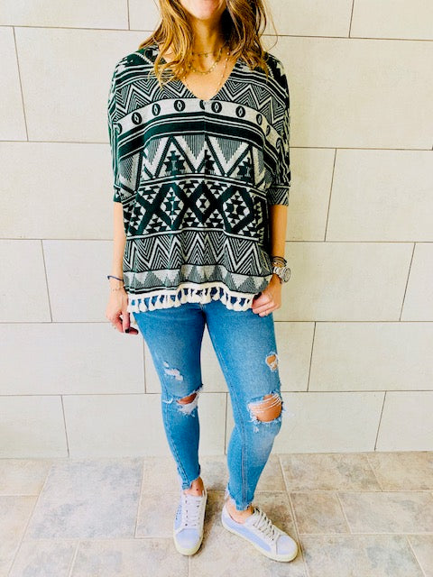 Green Aztec Knit Poncho