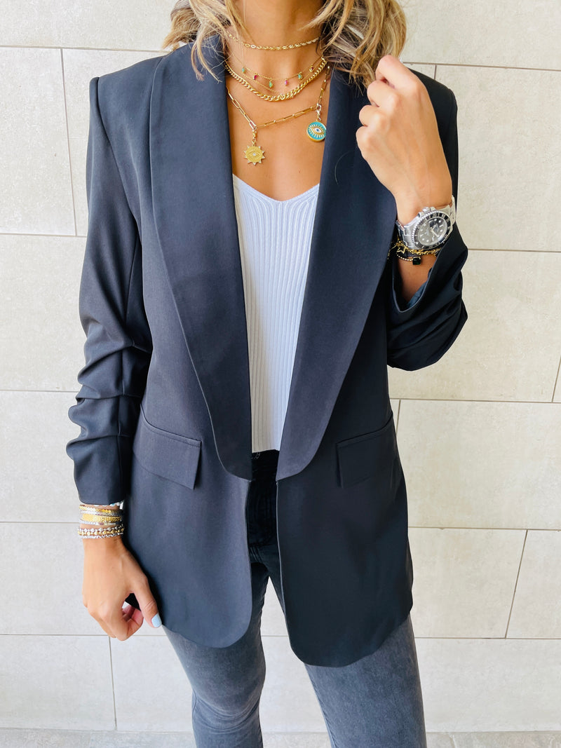 Black Ruched Sleeve Blazer
