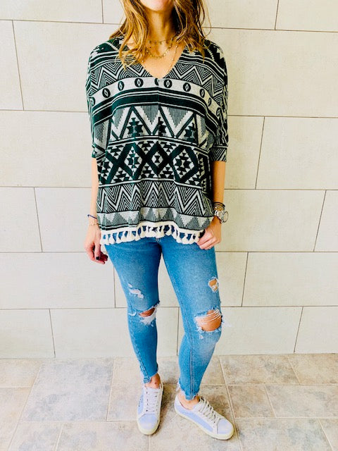 Green Aztec Knit Poncho