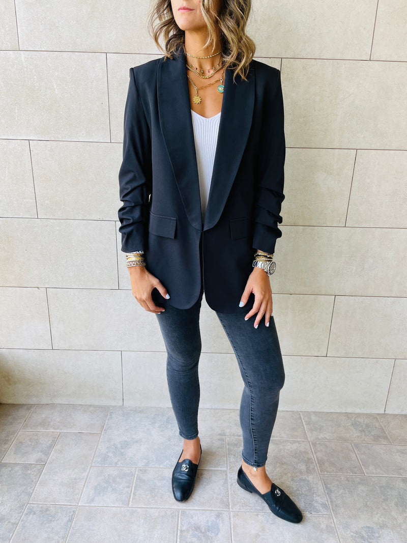 Black Ruched Sleeve Blazer
