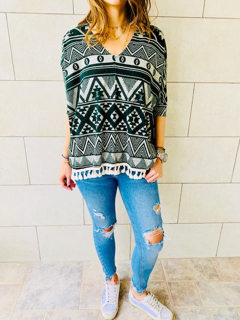 Green Aztec Knit Poncho