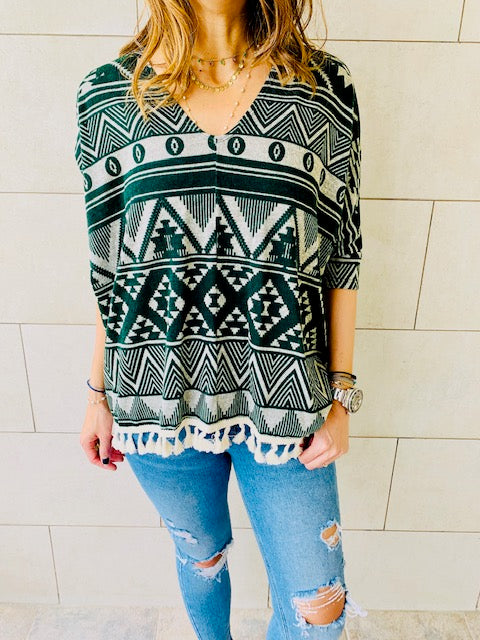 Green Aztec Knit Poncho