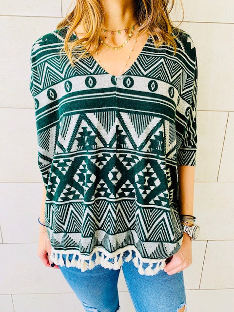 Green Aztec Knit Poncho