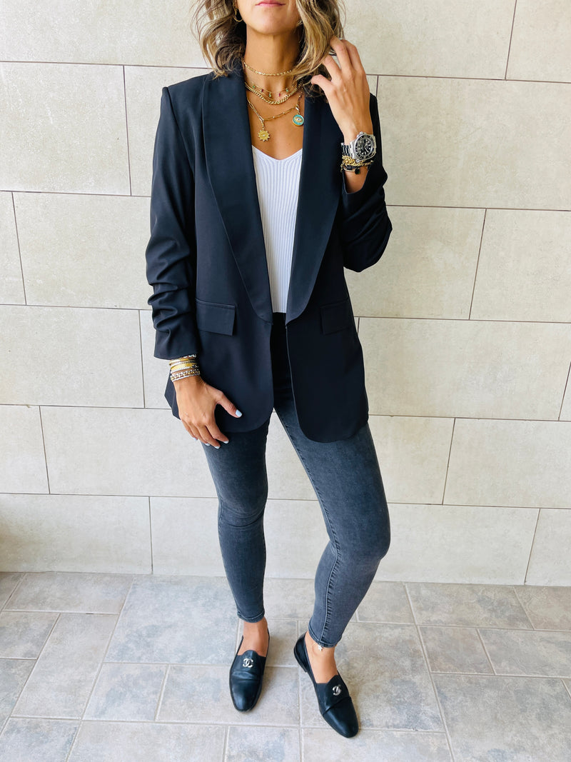 Black Ruched Sleeve Blazer