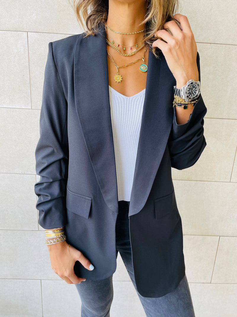 Black Ruched Sleeve Blazer