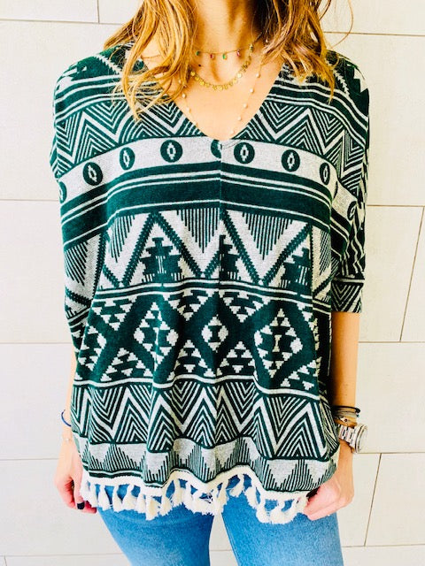 Green Aztec Knit Poncho