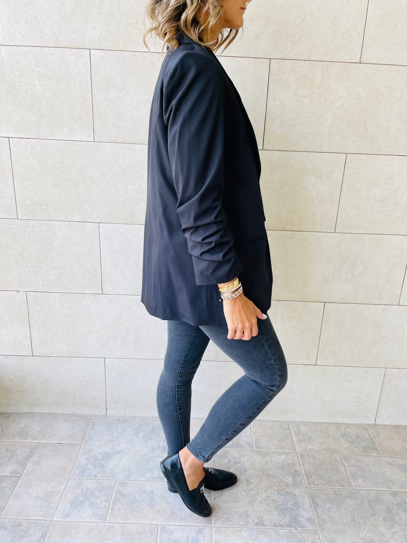 Black Ruched Sleeve Blazer