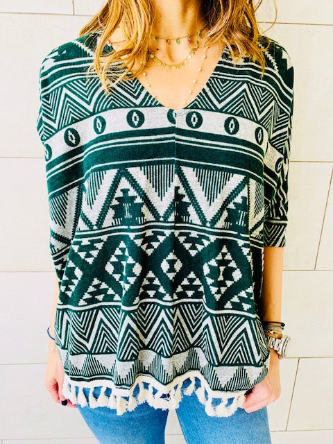 Green Aztec Knit Poncho