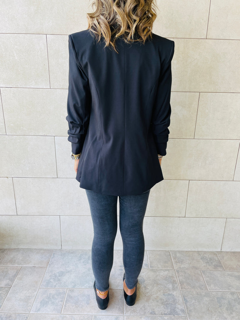 Black Ruched Sleeve Blazer