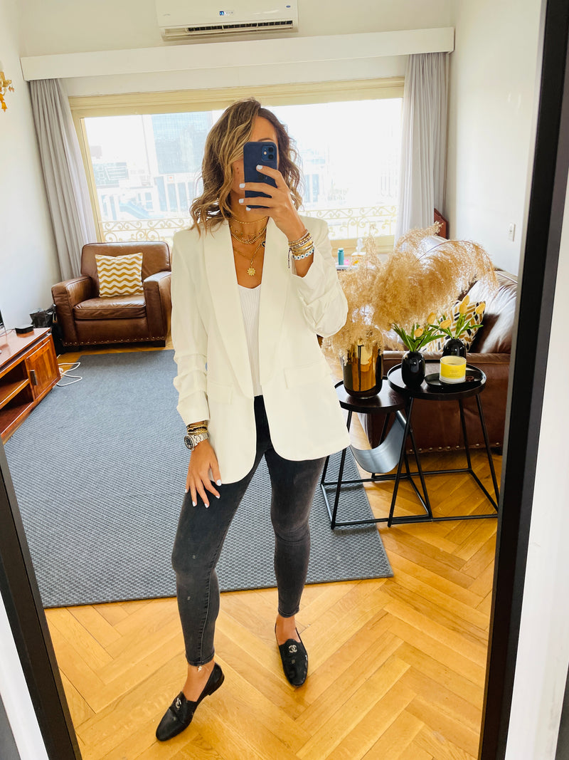 White Ruched Sleeve Blazer