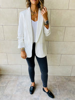 White Ruched Sleeve Blazer